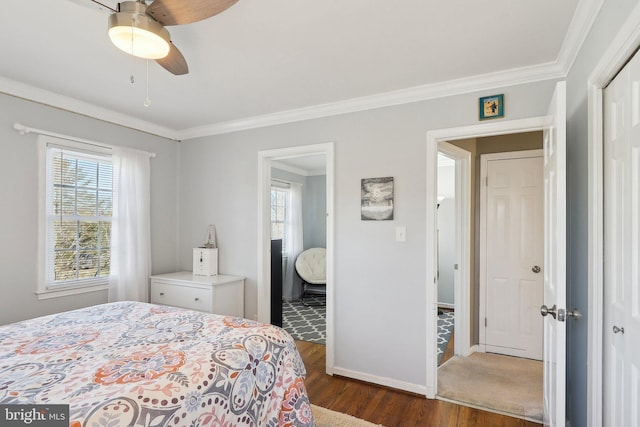 bedroom with multiple windows, dark wood finished floors, and ornamental molding