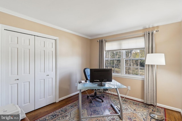 home office featuring baseboards, wood finished floors, and crown molding