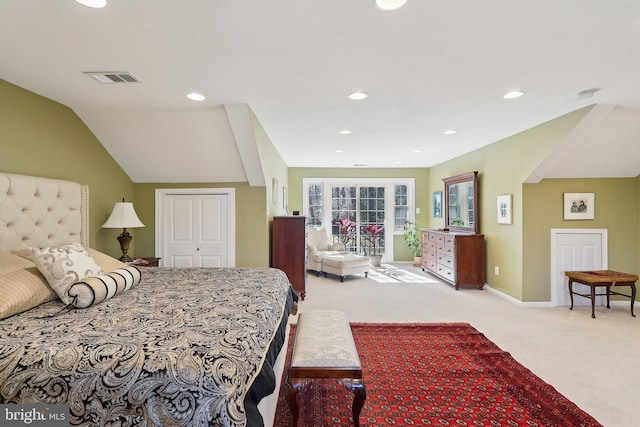 bedroom featuring recessed lighting, visible vents, carpet, and vaulted ceiling