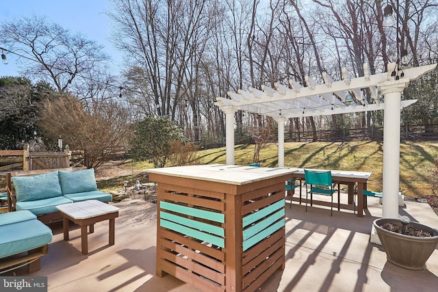 view of patio with an outdoor hangout area, fence, outdoor dining space, and a pergola