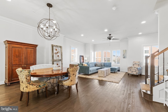 dining room featuring recessed lighting, baseboards, stairway, dark wood finished floors, and crown molding