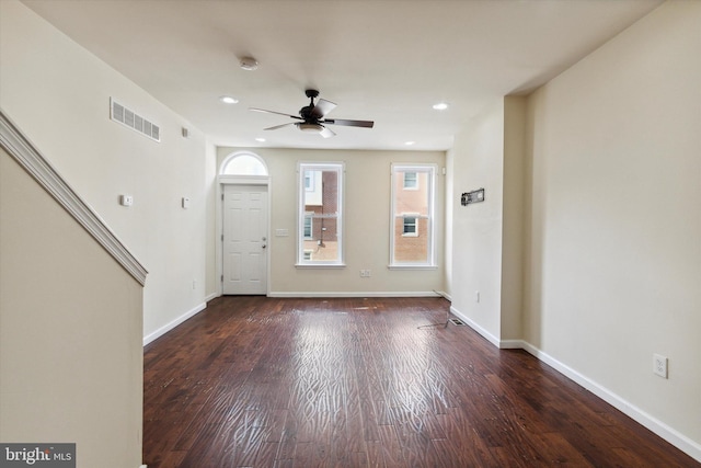 foyer featuring recessed lighting, wood finished floors, a ceiling fan, visible vents, and baseboards