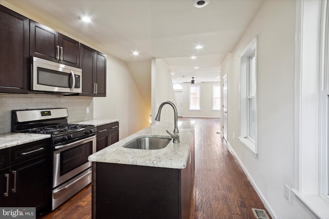 kitchen with visible vents, appliances with stainless steel finishes, a sink, a kitchen island with sink, and backsplash