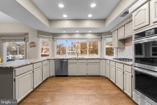 kitchen with light wood-style flooring, a sink, appliances with stainless steel finishes, light stone countertops, and tasteful backsplash