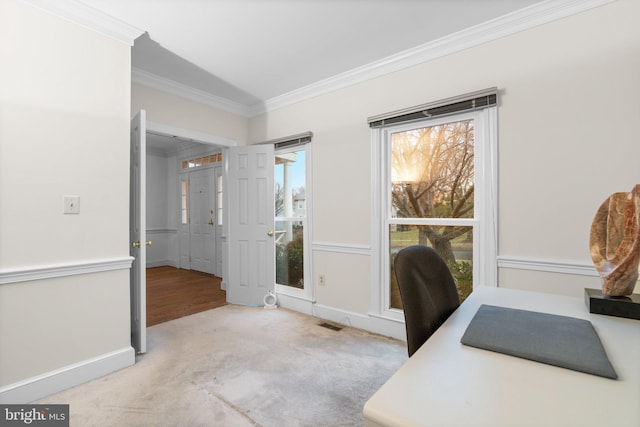 carpeted office space featuring visible vents, baseboards, and crown molding