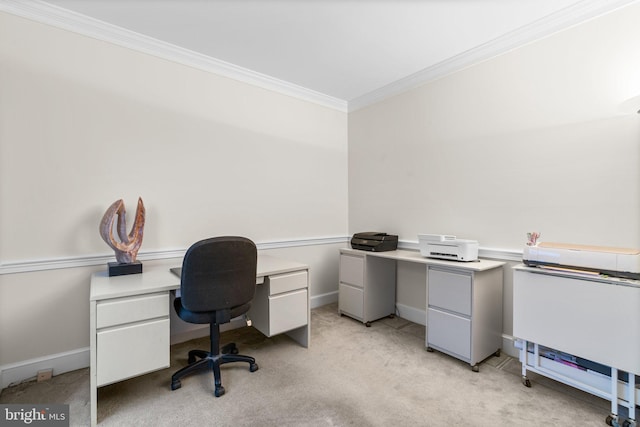 office featuring baseboards, crown molding, and light colored carpet