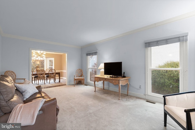 living room with crown molding, carpet flooring, visible vents, and baseboards