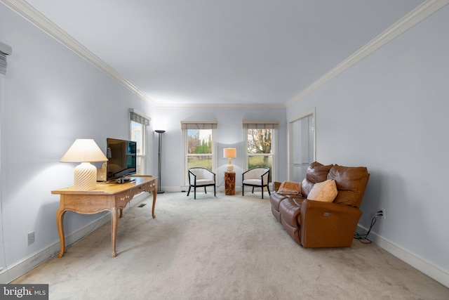 living area with carpet floors, ornamental molding, and baseboards