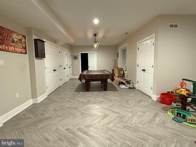 rec room with pool table, visible vents, and baseboards