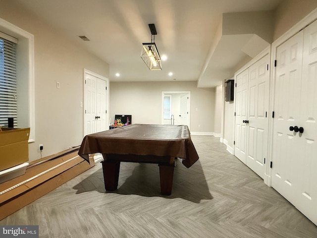 playroom featuring recessed lighting, baseboards, and pool table