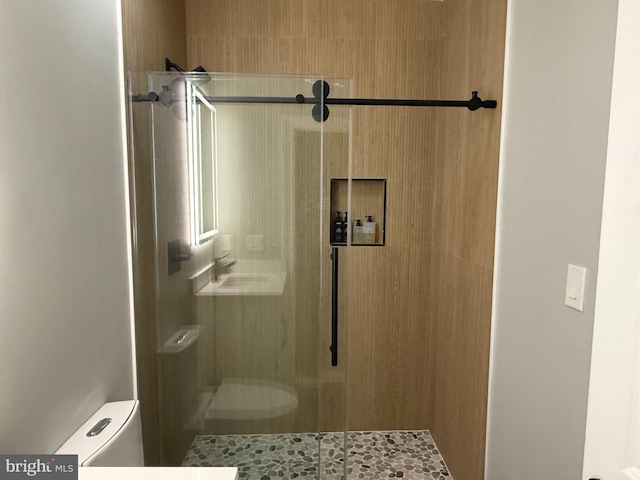 bathroom featuring toilet and a stall shower