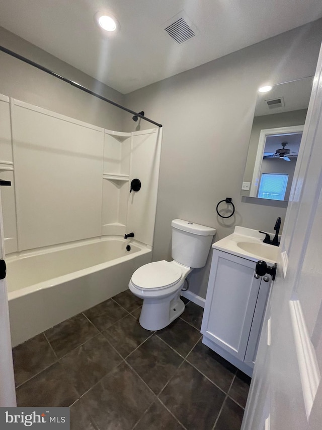 full bath with visible vents, shower / tub combination, tile patterned flooring, and toilet