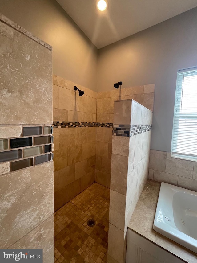 bathroom with walk in shower and a bath