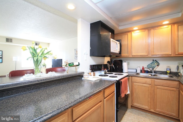 kitchen featuring dark countertops, recessed lighting, visible vents, electric range, and a sink