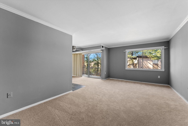 empty room with carpet floors, crown molding, baseboards, and ceiling fan