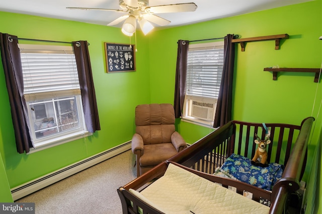 bedroom with baseboard heating, cooling unit, and a ceiling fan