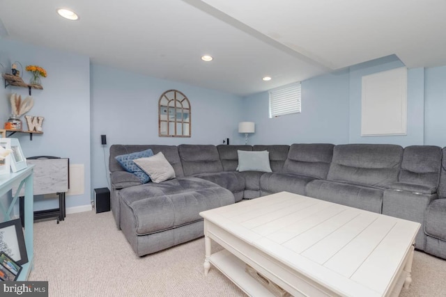 living room featuring baseboards, recessed lighting, and light colored carpet