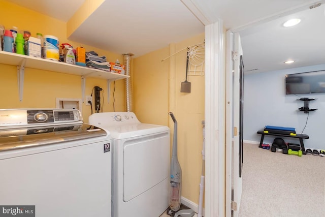 laundry room with carpet floors, washing machine and clothes dryer, recessed lighting, laundry area, and baseboards