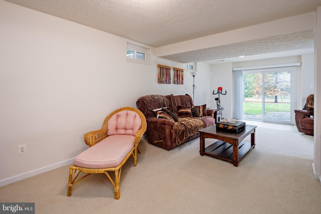 living room with carpet, baseboards, and a textured ceiling