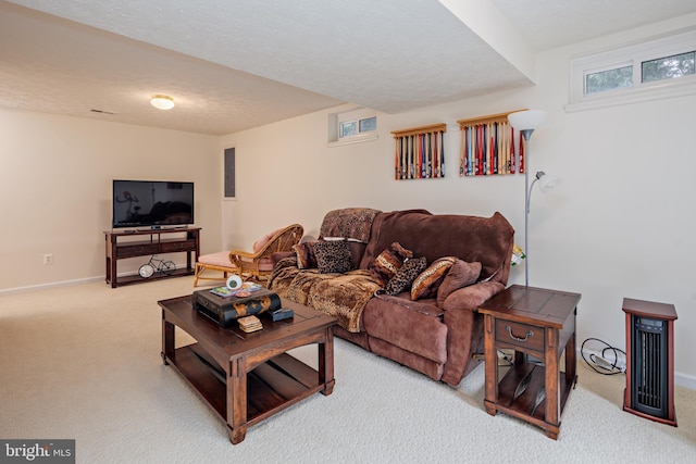 living area with a textured ceiling, carpet, electric panel, and baseboards