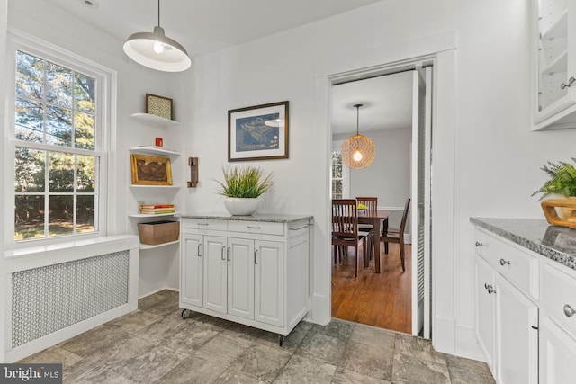 interior space with stone finish flooring and radiator