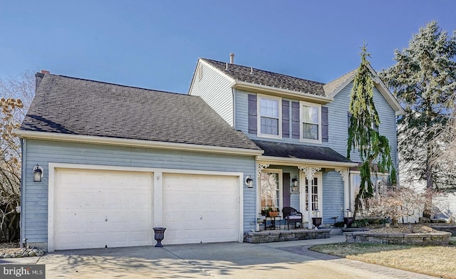 traditional-style house featuring an attached garage, covered porch, concrete driveway, and roof with shingles