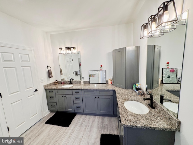 bathroom with wood finished floors, a sink, and double vanity