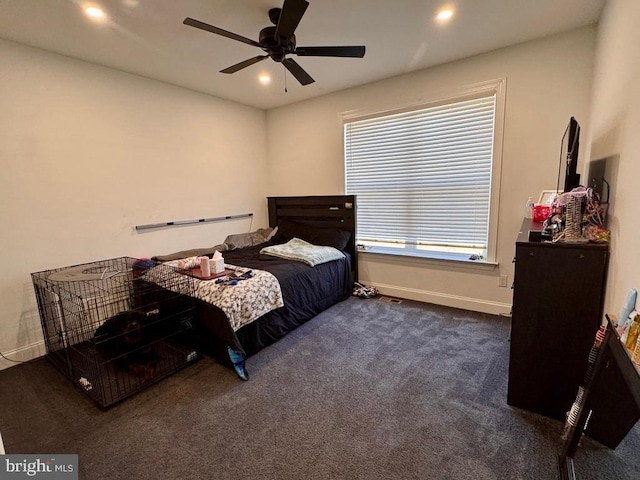 bedroom with ceiling fan, baseboards, dark colored carpet, and recessed lighting