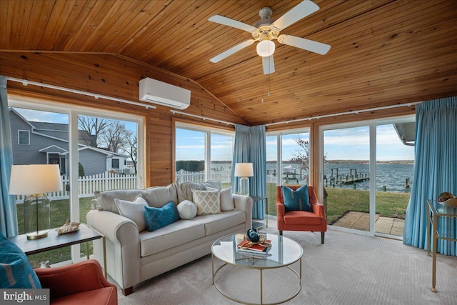 sunroom / solarium with wood ceiling, lofted ceiling, an AC wall unit, and ceiling fan