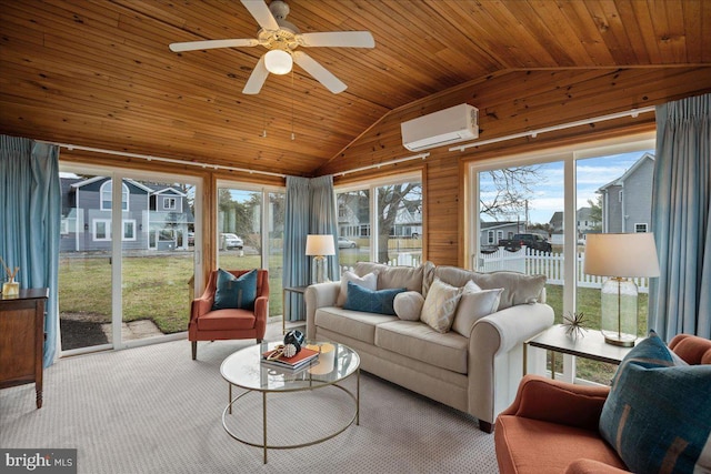 sunroom featuring a wall unit AC, wood ceiling, ceiling fan, and lofted ceiling