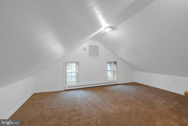 bonus room with lofted ceiling, visible vents, baseboard heating, carpet flooring, and baseboards