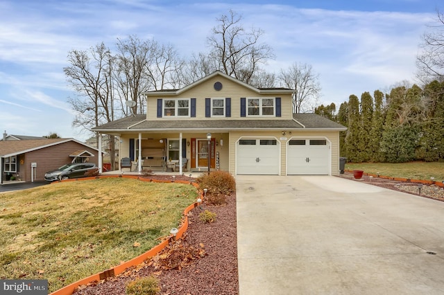 view of front of home featuring a garage, covered porch, a front lawn, and concrete driveway