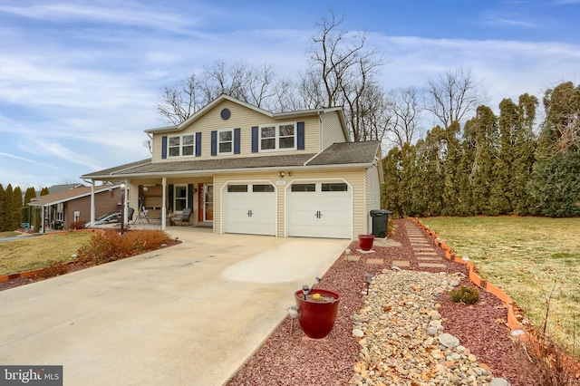 traditional-style house featuring a porch, a garage, a shingled roof, driveway, and a front lawn