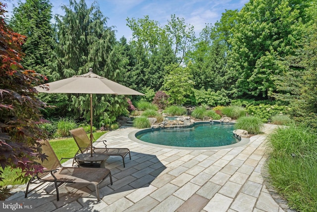 outdoor pool featuring an in ground hot tub and a patio