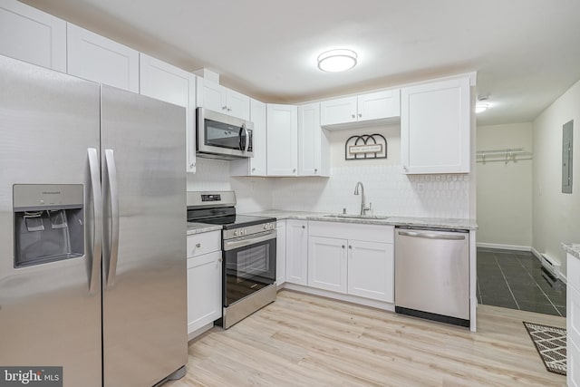 kitchen with stainless steel appliances, a sink, white cabinetry, backsplash, and light stone countertops