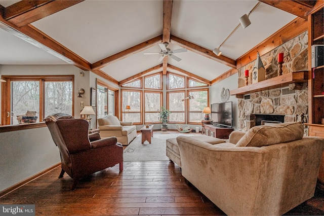 living room featuring dark wood-style floors, a fireplace, and a wealth of natural light