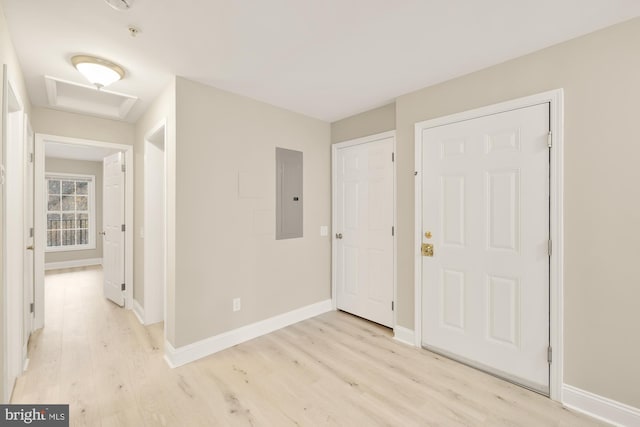 entrance foyer featuring electric panel, baseboards, and light wood-style floors