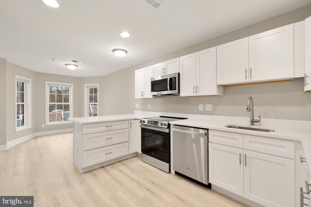 kitchen with white cabinets, a peninsula, stainless steel appliances, and a sink