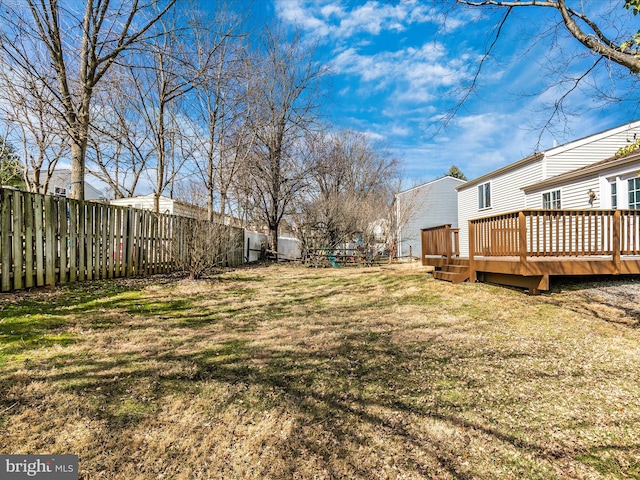 view of yard with a fenced backyard and a deck