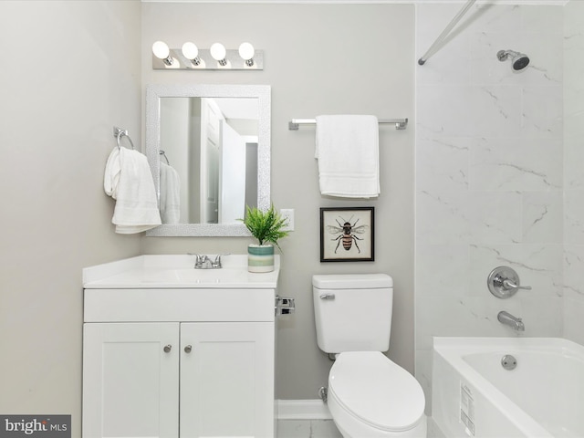 bathroom featuring toilet, baseboards,  shower combination, and vanity