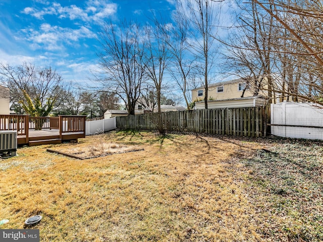 view of yard with a deck, central AC unit, and a fenced backyard