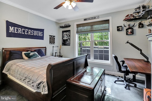 bedroom with ceiling fan, ornamental molding, and baseboards