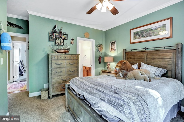 bedroom featuring light carpet, baseboards, connected bathroom, ceiling fan, and crown molding