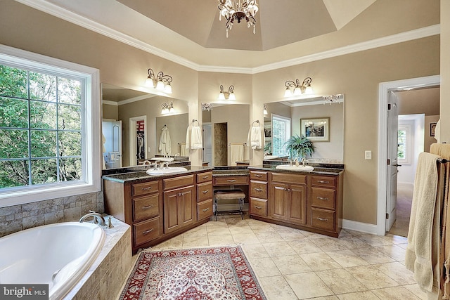 full bath featuring ornamental molding, plenty of natural light, vanity, and a bath