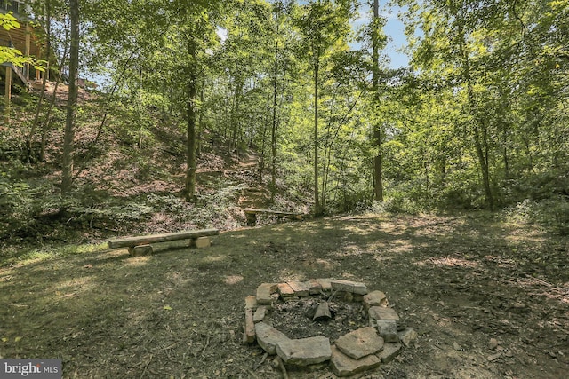 view of yard featuring an outdoor fire pit and a view of trees