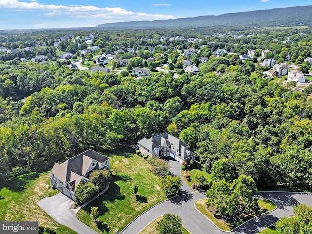 drone / aerial view with a wooded view and a mountain view