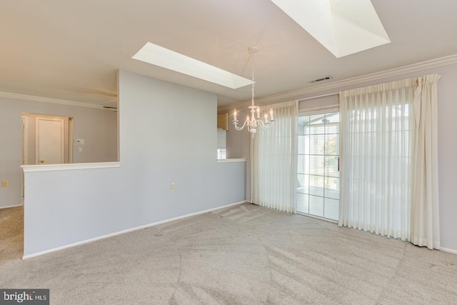 unfurnished dining area with a skylight, crown molding, light colored carpet, visible vents, and an inviting chandelier