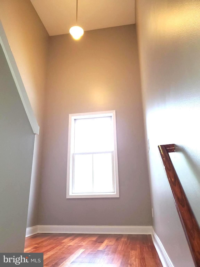 spare room with baseboards and wood finished floors