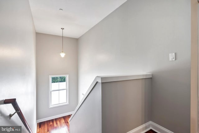 staircase featuring wood finished floors and baseboards