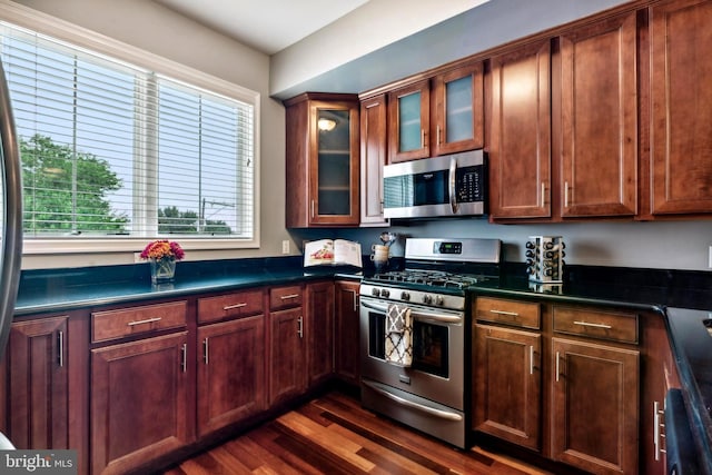 kitchen featuring stainless steel appliances, dark countertops, dark wood-type flooring, and glass insert cabinets